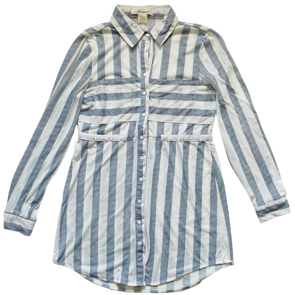 PASSPORT Women's Shirt Dress Medium Blue White Striped Roll Tab Long Sleeves